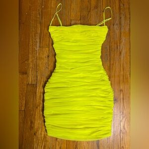 House of CB Neon Green Ruched Organza Ella Mesh Mini Dress XS